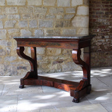 Load image into Gallery viewer, french-louis-phillipe-flame-mahogany-console-table-wonderful-example-high-quality-figured-mahogany-veneers-oak-carcass-book-matched-drawer-original-grey-marble-top-scrolled-legs-pilaster-united-shaped-stretcher-terminating-lion-paw-feet-stylish-console-table-exceptionally-condition-french-circa-1840&#39;s-damon-blandford-antiques-for-sale-gloucestershire-cotswolds-stroud
