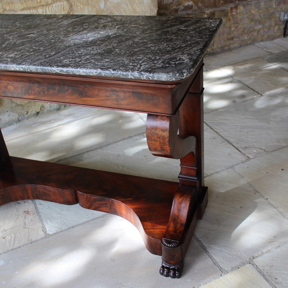 french-louis-phillipe-flame-mahogany-console-table-wonderful-example-high-quality-figured-mahogany-veneers-oak-carcass-book-matched-drawer-original-grey-marble-top-scrolled-legs-pilaster-united-shaped-stretcher-terminating-lion-paw-feet-stylish-console-table-exceptionally-condition-french-circa-1840's-damon-blandford-antiques-for-sale-gloucestershire-cotswolds-stroud-high-quality-fine-furniture-antiques