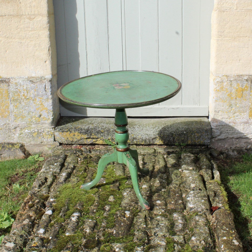 attractive-painted-table-dished-top-turned-pedestal-tri-form-base-hardwood-condition-old-green-paintwork-aged-beautifully-floral-decoration-condition-gilding-ring-turned-pedestal-enhances-aesthetic-appeal-decorative-table-damon-blandford-antiques-vintage-for-sale-gloucestershire-cotswolds-stroud-valleys