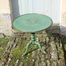 Load image into Gallery viewer, attractive-painted-table-dished-top-turned-pedestal-tri-form-base-hardwood-condition-old-green-paintwork-aged-beautifully-floral-decoration-condition-gilding-ring-turned-pedestal-enhances-aesthetic-appeal-decorative-table-damon-blandford-antiques-vintage-for-sale-gloucestershire-cotswolds-stroud-valleys-side-occasional-wine
