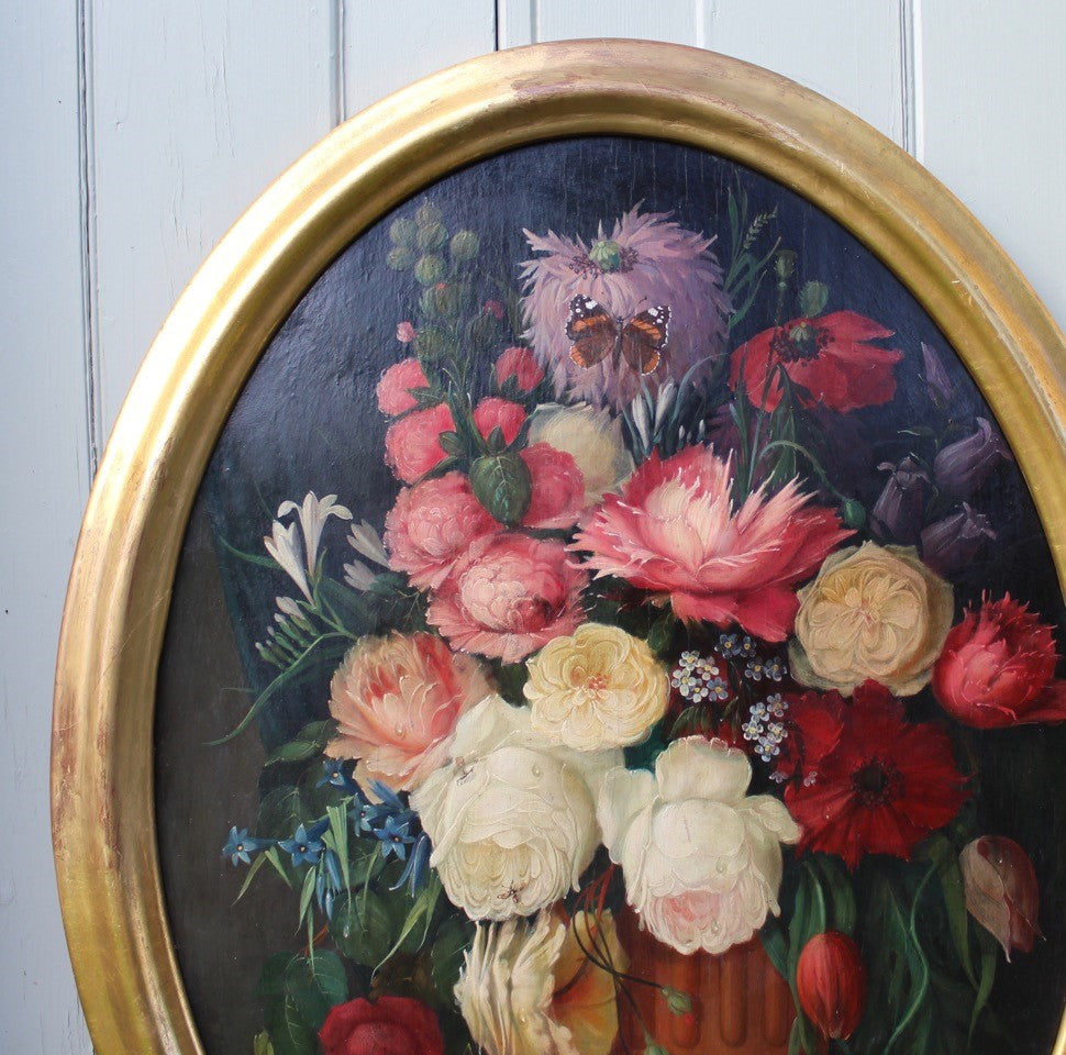 beautifully-detailed-still-life-composition-painted-painting-oil-oval-panel-dutch-artist-h-drieling-painting-signed-giltwood-frame-wonderfully-colourful-painting-white-pink-red-blue-flowers-terracotta-urn-black-detail-insects-red-admiral-butterfly-flowers-damon-blandford-antiques-for-sale-wall-art-decorative-interior-design-gloucestershire-cotswolds-stroud