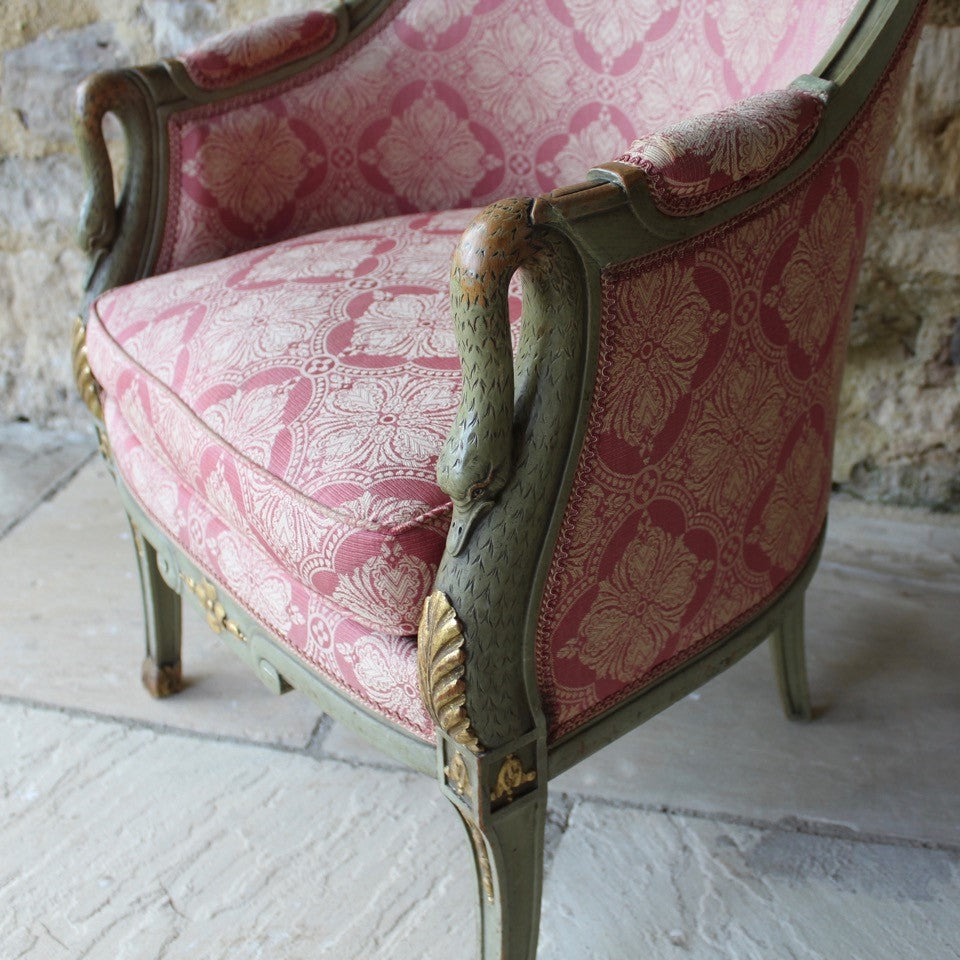 chair-seating-decorative-gondola-style-upholstered-armchair-show-wood-frame-feather-filled-seat-pad-painted-olive-green-carved-parcel-gilt-details-carvings-swan-arm-fabric-contrasts-beautifully-frame-good-condition-attractive-very-comfortable-armchair-wonderful-french-1900-damon-blandord-antiques