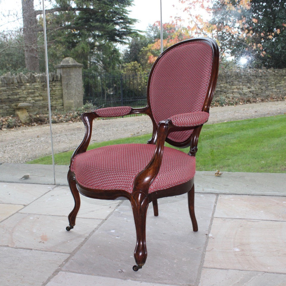 beautifully-upholstered-spoon-back-open-armchair-carved-rosewood-frame-cabriole-legs-terminating-brass-porcelain-castors-upholstery-excellent-colour-fabric-contrasting-wonderfully-double-welt-piping-as-new-condition-damon-blandford-antiques-chair-seating-antique-ninteenth-19th-century-gloucestershire-cotswolds-stroud-antique-dealer-for-sale-interior-design-decorative-country-house-furniture 