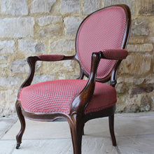 Load image into Gallery viewer, beautifully-upholstered-spoon-back-open-armchair-carved-rosewood-frame-cabriole-legs-terminating-brass-porcelain-castors-upholstery-excellent-colour-fabric-contrasting-wonderfully-double-welt-piping-as-new-condition-damon-blandford-antiques-chair-seating-antique-ninteenth-19th-century-gloucestershire-cotswolds-stroud-antique-dealer-for-sale-interior-design-decorative-country-house-furniture 

