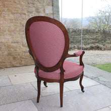 Load image into Gallery viewer, beautifully-upholstered-spoon-back-open-armchair-carved-rosewood-frame-cabriole-legs-terminating-brass-porcelain-castors-upholstery-excellent-colour-fabric-contrasting-wonderfully-double-welt-piping-as-new-condition-damon-blandford-antiques-chair-seating-antique-ninteenth-19th-century-gloucestershire-cotswolds-stroud-antique-dealer-for-sale-interior-design-decorative-country-house-furniture 
