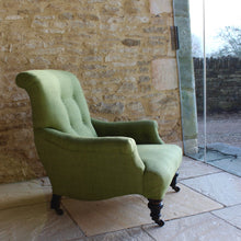 Load image into Gallery viewer, chair-beautifully-shaped-small-scroll-back-armchair-professionally-re-upholstered-olive-green-fabric-comfortable-chair-shaped-backrest-sprung-seat-raised-ebonised-legs-front-turned-carved-parcel-gilt-aesthetic-movement-taste-legs-original-castors-excellent-condition-bedroom-victorian-late-19th-damon-blandford-antiques-stroud-gloucestershire-for-sale-furniture-stroud-cotswolds
