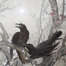 Load image into Gallery viewer, stunning-pair-early-20th-century-japanese-silk-embroidery-works-depicting-young-ravens-incredibly-detailed-silk-work-export-piece-during-late-exposition-period-huge-intrigue-fascination-demand-Japanese-art-silks-depict-young-ravens-branches-tree-leaf-embroidery-contrast-original-ebonised-frames-feature-applied-mother-pearl-leaves-damon-blandford-antiques-wall-art-for-sale-stroud-gloucestershire-cotswolds-country-house

