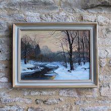 Load image into Gallery viewer, painting-oil-board-artist-w-m-snelling-bearing-titled-winter-river-name -verso-atmospheric-painting-depicts-small-river-meandering-winter-wooded-woodland-snow-reflecting-late-evening-sun-droplets-water-overhanging-branches-breaking-surface-water-trees-silhouetted-stark-contrast-reflecting-setting-sun-painting-danish-artist-anders-anderson-lundby-new-bespoke-frame-master-frame-maker-gilder-finished-gesso-paint-gilding-damon-blandford-antiques-stroud-gloucestershire-wall-art-for-sale
