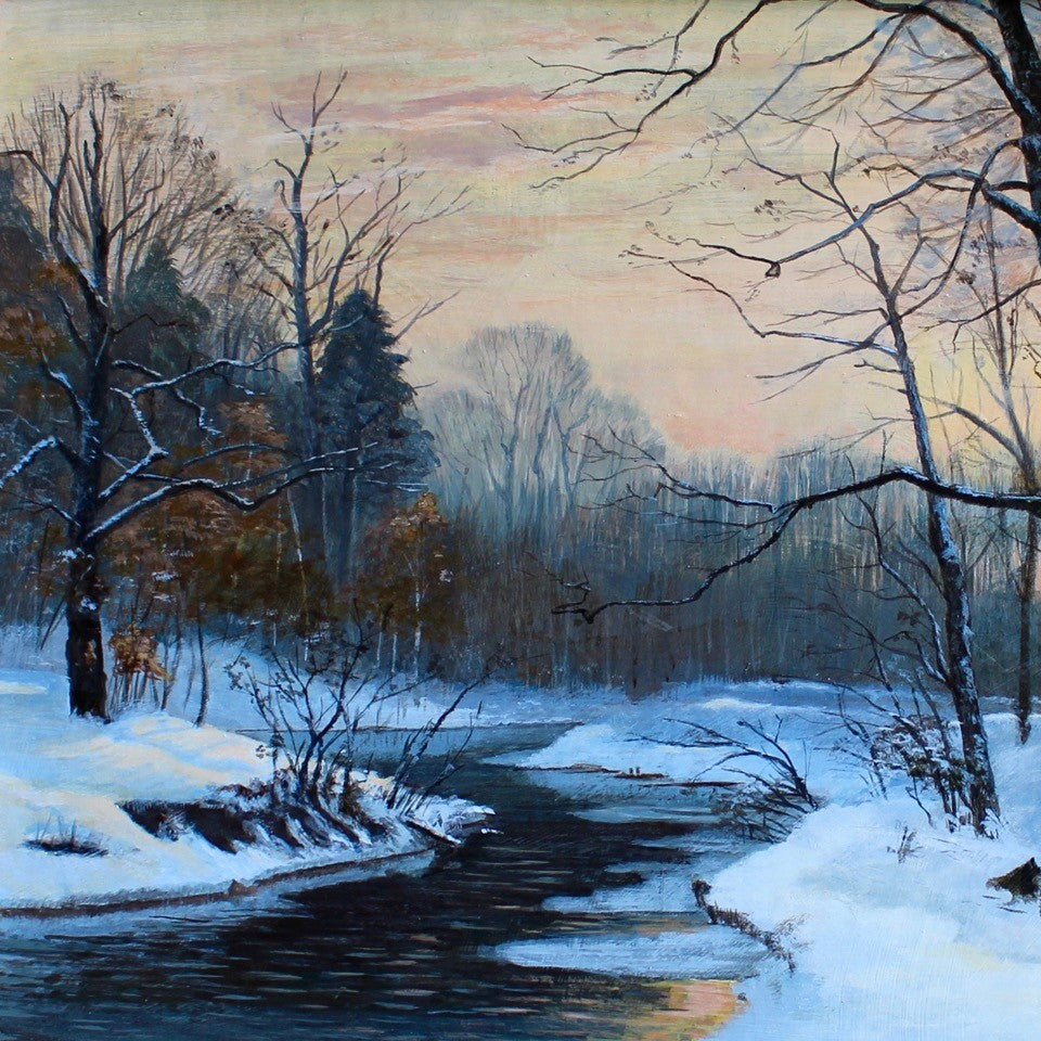 painting-oil-board-artist-w-m-snelling-bearing-titled-winter-river-name -verso-atmospheric-painting-depicts-small-river-meandering-winter-wooded-woodland-snow-reflecting-late-evening-sun-droplets-water-overhanging-branches-breaking-surface-water-trees-silhouetted-stark-contrast-reflecting-setting-sun-painting-danish-artist-anders-anderson-lundby-new-bespoke-frame-master-frame-maker-gilder-finished-gesso-paint-gilding-damon-blandford-antiques-stroud-gloucestershire-wall-art-for-sale