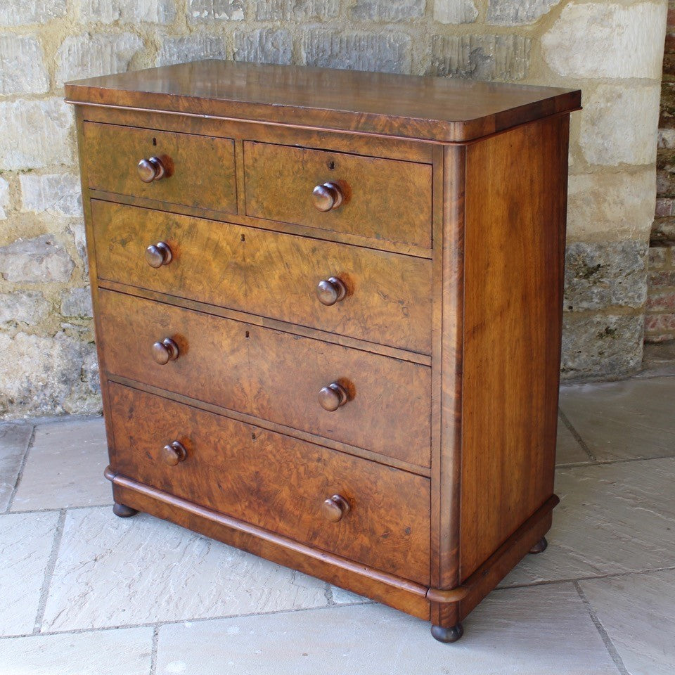 beautifully-figured-burr-walnut-chest-two-short-over-three-long-graduated-drawers-original-turned-walnut-drawer-pulls-very-well-proportioned-straight-fronted-chest-raised-plinth-base-bun-feet-retaining-original-locks-book matched-veneers-particularly-good-very-functional-highly-decorative-storage-furniture-damon-blandford-antiques-stroud-gloucestershire-cotswolds-interior-country-house-quality-for-sale