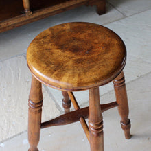 Load image into Gallery viewer, stunning-sycamore-mill-workers-stool-wonderful-time-work-patina-circular-dished-seat-tall-taller-than-average-stool-seat-raised-four-turned-legs-united-X-shape-stretcher-excellent-condition-most-probably-cotton-makers-stool-boston-lincolnshire-damon-blandford-antiques-gloucestershire-for-sale-seating-country-house
