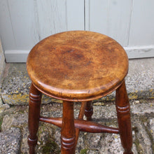 Load image into Gallery viewer, stunning-sycamore-mill-workers-stool-wonderful-time-work-patina-circular-dished-seat-tall-taller-than-average-stool-seat-raised-four-turned-legs-united-X-shape-stretcher-excellent-condition-most-probably-cotton-makers-stool-boston-lincolnshire-damon-blandford-antiques-gloucestershire-for-sale-seating-country-house
