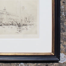 Load image into Gallery viewer, fine-detailed-C18th-engraving-Doge&#39;s-palace-venice-grand-canal-engraving-featuring-two columns-San-Marco-San-Todaro-surmounted-city&#39;s-patrons-winged-lion-symbol-St-Mark-numerous-gondolas-engraving-signed-bottom-right and mounted-bespoke-frame-ebonised-parcel-gilt-finish-anti-reflection glass-damon-blandford-antiques-for-sale-stroud-gloucestershire-cotswolds-wall-art
