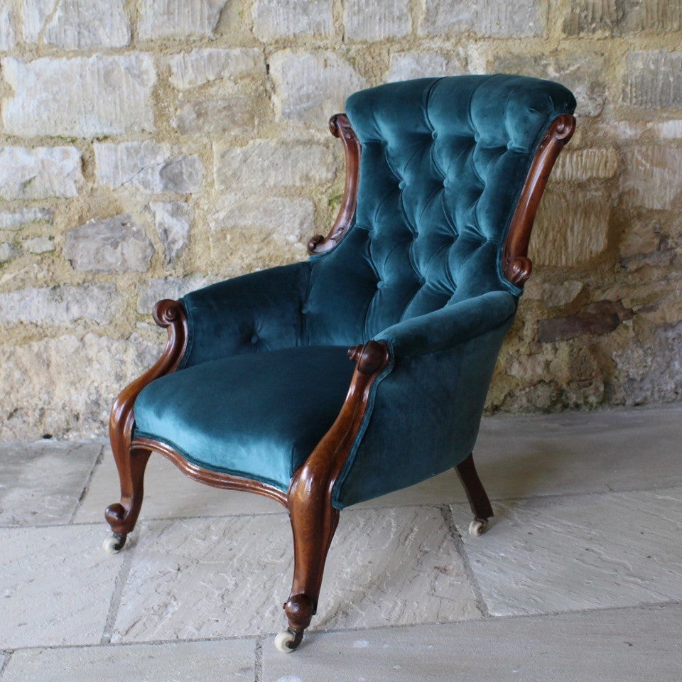 incredibly-attractive-victorian-button-back-upholstered-armchair-show-wood-frame-cabriole-legs-brass-castors-porcelain-wheels-excellent-condition-professionally-re-upholstered-teal-colour-velvet-generous-proportions-shaped-back-rest-comfortably-stylish-useful-damon-blandford-antiques-C19th-century-seating-for-sale-stroud-gloucestershire-cotswolds-interior-home-decor-design