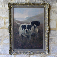 Load image into Gallery viewer, atmospheric-C20th-oil-on-canvas-painting-by-Susan-Gibson-two-black-white-pointer-dogs-heather-covered-hillside-dog-on-point-hill-expanse-water-middle-ground-hills-shrouded-mist-background-stark-contrast-muted-colours-landscape-purple-tones-flowering-heather-foregroud-adding-warmth-painting-dogs-looking-intently-at-ground-viewer-grouse-quarry-sitting-tight-piece-wall-art-vintage-damon-blandford-antiques-stroud-gloucestershire-malthouse-collective-for-sale-art
