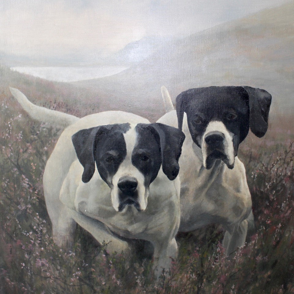 atmospheric-C20th-oil-on-canvas-painting-by-Susan-Gibson-two-black-white-pointer-dogs-heather-covered-hillside-dog-on-point-hill-expanse-water-middle-ground-hills-shrouded-mist-background-stark-contrast-muted-colours-landscape-purple-tones-flowering-heather-foregroud-adding-warmth-painting-dogs-looking-intently-at-ground-viewer-grouse-quarry-sitting-tight-piece-wall-art-vintage-damon-blandford-antiques-stroud-gloucestershire-malthouse-collective-for-sale-art-close-up