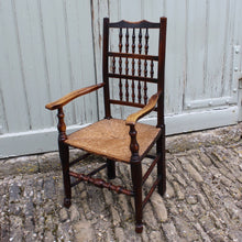 Load image into Gallery viewer, spindle-back-armchair-rush-seat-lancashire-cheshire-circa-1830-patena-georgian-for-sale-damon-blandford-antiques-the-malthouse-collective-stroud-gloucestershire-cotswolds-seating-antique-interior-design-country
