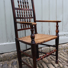 Load image into Gallery viewer, spindle-back-armchair-rush-seat-lancashire-cheshire-circa-1830-patena-georgian-for-sale-damon-blandford-antiques-the-malthouse-collective-stroud-gloucestershire-cotswolds-seating-antique-interior-design-country
