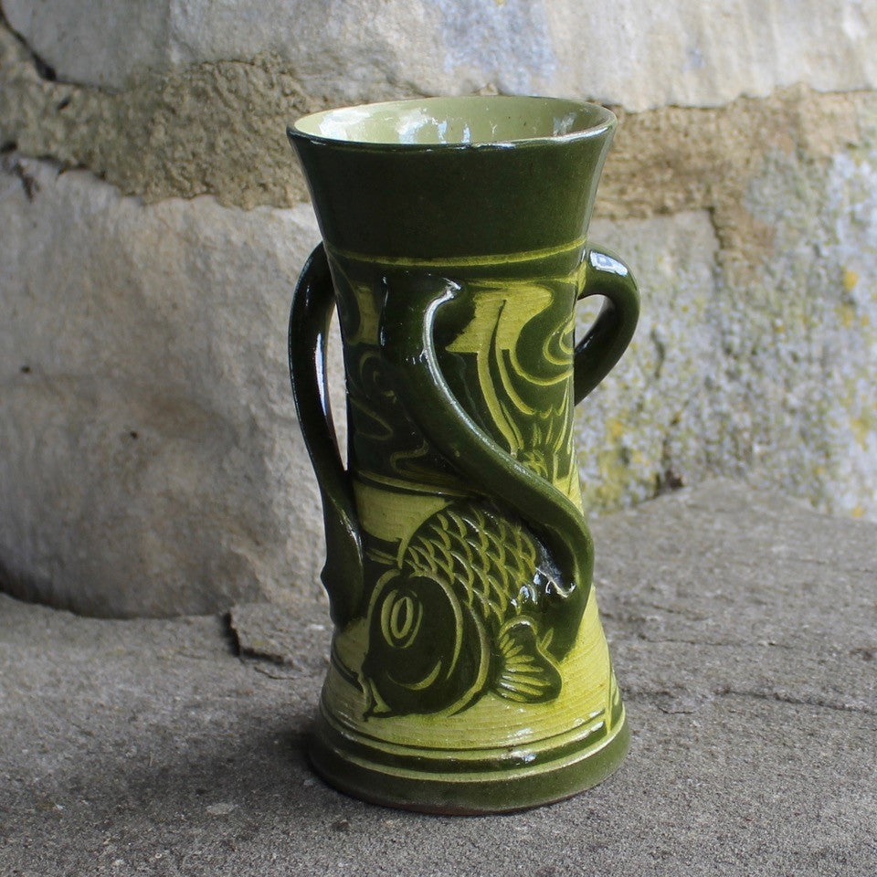 early-brannam-barnstable-pottery-vase-lauder-barum-vase-art-nouveau-style-three-scrolling-handles-decorated-with-fish-carved-clay-green-chartreusec-colour-glazes-refined-finish typical-19th-century-pieces-vase-signed-lauder-barum-incredibly-attractive-well-executed-example-north-devon-pottery-exceptionally-north-devon-circa-1890-damon-blandford-antiques-for-sale-stroud-gloucestershire-cotswolds-home-decorative-intoriors-decorators-decoration