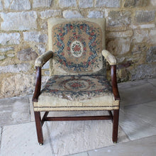 Load image into Gallery viewer, good-18th-century-english-georgian-library-gainsborough-chair-generous-proportions-long-term-private-ownership-square-shaped-back-flanked-upholstered-arms-concave-shaped-mahogany-arm-supports-seat-raised-square-moulded-legs-united-H-shape-stretchers-terminating-original-barrel-castors-covered-19th-century-needlepoint-fabric-french-very-usable-heavily-worn-velvet-needlepoint-fabric-country-house-chair-look-english-george-III-Circa-1790-damon-blandford-antiques
