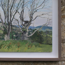 Load image into Gallery viewer, Acrylic-painting-view-over-painswick-painted-juniper-hill-properties-hillside-stamages-lane-st-mary&#39;s-church-horizon-middle-ground-village-framed-dead-elms-for-ground-distance-popes-wood-saltridge-woods-sheepscombe-moment-in-time-beautifully-captured-acrylic-watercolour-highly-accomplished-landscape-artist-allen-laycock-signed-dated-27th-july-1979-bottom-right-painted-in-situ-one-sitting-float-mounted-bespoke-ash-wash-feel-wall-art-for-sale-damon-blandford-antiques-stroud-gloucestershire-queen-cotswolds
