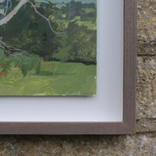 Load image into Gallery viewer, Acrylic-painting-view-over-painswick-painted-juniper-hill-properties-hillside-stamages-lane-st-mary&#39;s-church-horizon-middle-ground-village-framed-dead-elms-for-ground-distance-popes-wood-saltridge-woods-sheepscombe-moment-in-time-beautifully-captured-acrylic-watercolour-highly-accomplished-landscape-artist-allen-laycock-signed-dated-27th-july-1979-bottom-right-painted-in-situ-one-sitting-float-mounted-bespoke-ash-wash-feel-wall-art-for-sale-damon-blandford-antiques-stroud-gloucestershire-queen-cotswolds
