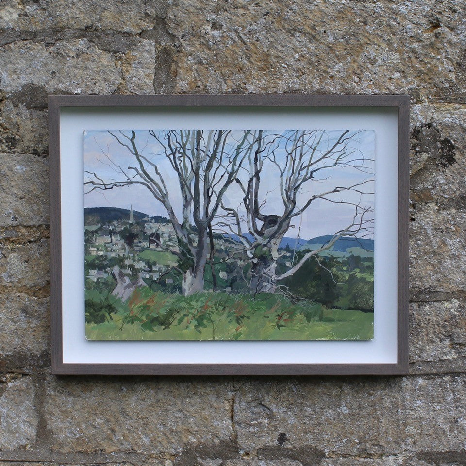 Acrylic-painting-view-over-painswick-painted-juniper-hill-properties-hillside-stamages-lane-st-mary's-church-horizon-middle-ground-village-framed-dead-elms-for-ground-distance-popes-wood-saltridge-woods-sheepscombe-moment-in-time-beautifully-captured-acrylic-watercolour-highly-accomplished-landscape-artist-allen-laycock-signed-dated-27th-july-1979-bottom-right-painted-in-situ-one-sitting-float-mounted-bespoke-ash-wash-feel-wall-art-for-sale-damon-blandford-antiques-stroud-gloucestershire-queen-cotswolds