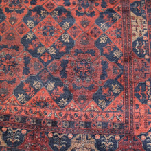 Load image into Gallery viewer, fine-quality-persian-carpet-high-knot-density-fine-wool-feels-like-silk-to-touch-carpet-six-central-medallions-surrounded-wide-boarder-geometric-designs-stylized-birds-trees-colours-deep-reds-blues-burnt-orange-ground-carpet-excellent-condition-damon-blandford-antiques-vintage-antique-rug-floor-decorative-persian-eastern-for-sale-stroud-gloucestershire-interior-house-home-decor
