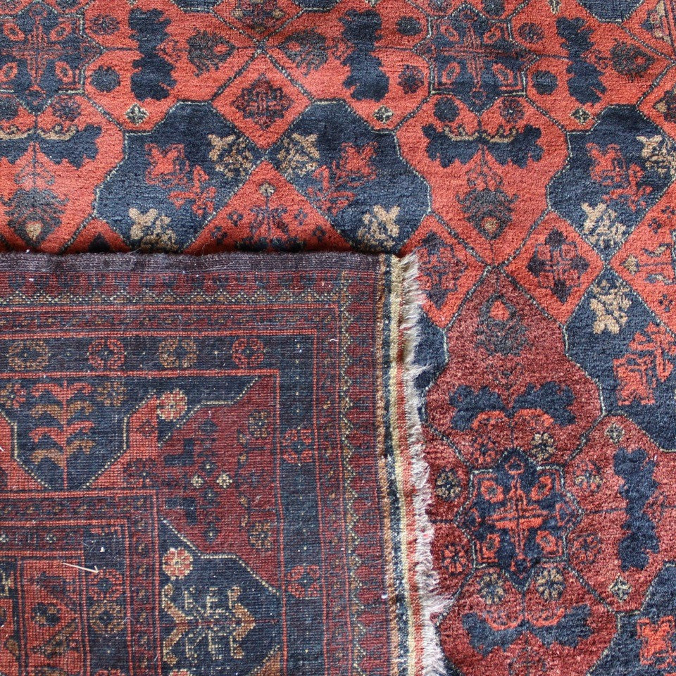 fine-quality-persian-carpet-high-knot-density-fine-wool-feels-like-silk-to-touch-carpet-six-central-medallions-surrounded-wide-boarder-geometric-designs-stylized-birds-trees-colours-deep-reds-blues-burnt-orange-ground-carpet-excellent-condition-damon-blandford-antiques-vintage-antique-rug-floor-decorative-persian-eastern-for-sale-stroud-gloucestershire-interior-house-home-decor