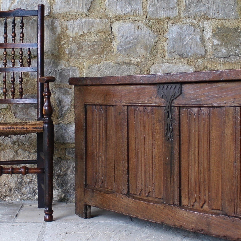 Large Norman or French oak coffer with linenfold panelled front