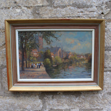 Load image into Gallery viewer, Very-well-painted-mid-century-oil-on-board-painting-river-severn-worcester-by-john-neale-painting-titled-by-the-river-worcester-captures-scene-looking-south-towards-worcester-cathedral-fore-ground-river-severn-way-footpath-eastern-bank-folk-walking-overhangin-trees-the-old-palace-worcester-cathedral-middle-ground beyond-river-winding-distance-rowing-boats-stylistically-painting-akin-french-impressionist-paintings-late-19th-early-20th-century&#39;s-excellent-colour-light-damon-blandford-antiques-for-sale
