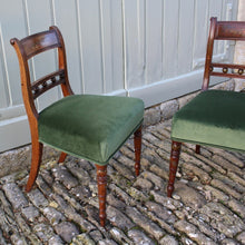 Load image into Gallery viewer, really-attractive-pair-late-georgian-chairs-retaining-original-painted-decoration-back-rest-square-swept-horizontal-cross-rails-ball-decoration-wider-top-rail-upholstered-seat-raised-turned-front-legs-square-swept-legs-rear-hand-painted-decoration-seat-pad-rebuilt-newly-re-upholstered-stive chairage-green-velvet-good-solid-condition-wonderful-english-circa-1800-damon-blandford-antiques-for-sale-seating-stroud-gloucestershire
