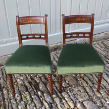 Load image into Gallery viewer, really-attractive-pair-late-georgian-chairs-retaining-original-painted-decoration-back-rest-square-swept-horizontal-cross-rails-ball-decoration-wider-top-rail-upholstered-seat-raised-turned-front-legs-square-swept-legs-rear-hand-painted-decoration-seat-pad-rebuilt-newly-re-upholstered-stive chairage-green-velvet-good-solid-condition-wonderful-english-circa-1800-damon-blandford-antiques-for-sale-seating-stroud-gloucestershire
