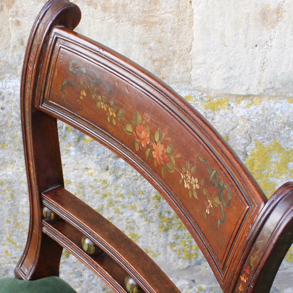 really-attractive-pair-late-georgian-chairs-retaining-original-painted-decoration-back-rest-square-swept-horizontal-cross-rails-ball-decoration-wider-top-rail-upholstered-seat-raised-turned-front-legs-square-swept-legs-rear-hand-painted-decoration-seat-pad-rebuilt-newly-re-upholstered-stive chairage-green-velvet-good-solid-condition-wonderful-english-circa-1800-damon-blandford-antiques-for-sale-seating-stroud-gloucestershire
