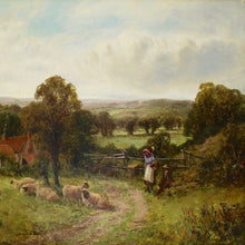 Load image into Gallery viewer, well-executed-landscape-painting-on-canvas-attributed-James-Peel-1811-1906-painting-depicts-sheep-foreground-seated-gentleman-lady-fence-line-hillside-farmhouse-smoke-fields-mid-ground-catching-sunlight-green-fields-purple-moorland-distance-gentle-north-country-scene-skilled-hand-colours-cleaned-signed-by-artist-lower-left-wall-art-damon-blandford-antiques-stroud-gloucestershire-for-sale
