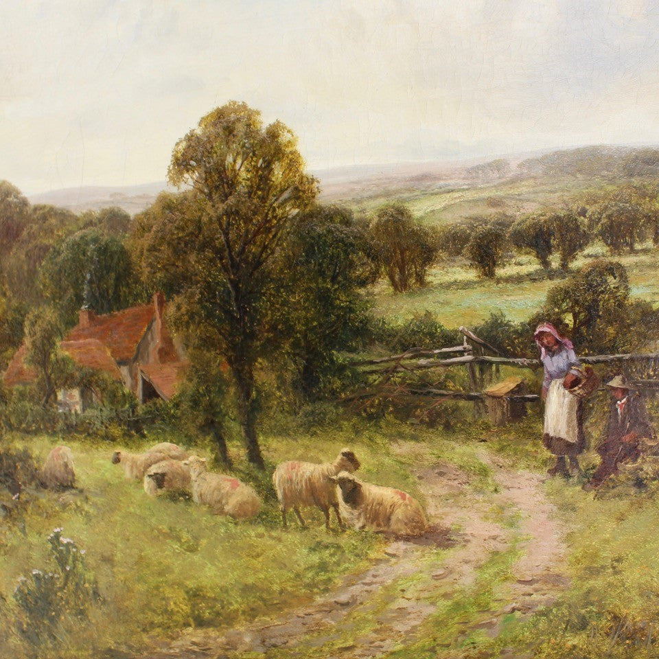 well-executed-landscape-painting-on-canvas-attributed-James-Peel-1811-1906-painting-depicts-sheep-foreground-seated-gentleman-lady-fence-line-hillside-farmhouse-smoke-fields-mid-ground-catching-sunlight-green-fields-purple-moorland-distance-gentle-north-country-scene-skilled-hand-colours-cleaned-signed-by-artist-lower-left-wall-art-damon-blandford-antiques-stroud-gloucestershire-for-sale