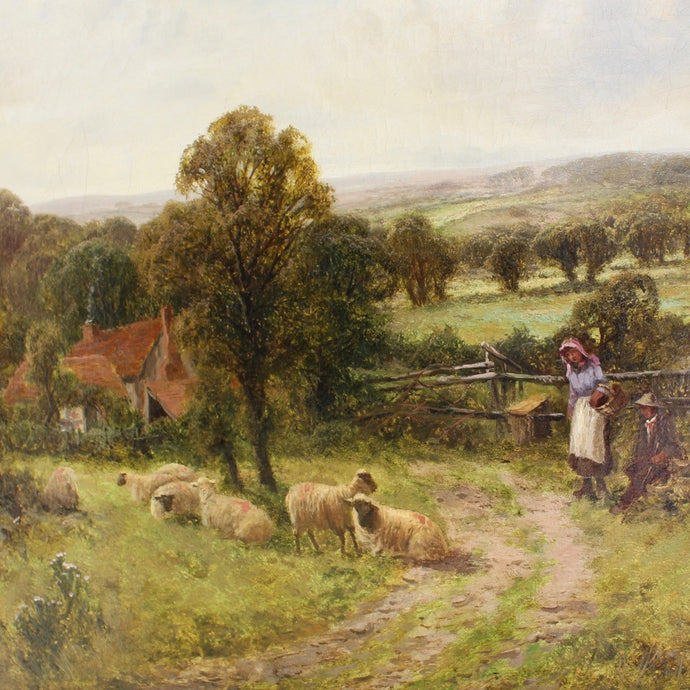 well-executed-landscape-painting-on-canvas-attributed-James-Peel-1811-1906-painting-depicts-sheep-foreground-seated-gentleman-lady-fence-line-hillside-farmhouse-smoke-fields-mid-ground-catching-sunlight-green-fields-purple-moorland-distance-gentle-north-country-scene-skilled-hand-colours-cleaned-signed-by-artist-lower-left-wall-art-damon-blandford-antiques-stroud-gloucestershire-for-sale