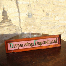 Load image into Gallery viewer, rare-dispensing-department-sign-original-mahogany-frame-exceptional-quality-reverse-painted-glass-green-gilt-lettering-black-shadow-lines-dark-pink-background-sign-pharmacy-shop-fittings-advertise-dispensing-services-english-circa-1920&#39;s-damon-blandford-antiques-for-sale-stroud-gloucestershire
