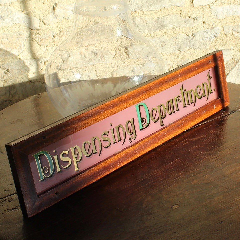 rare-dispensing-department-sign-original-mahogany-frame-exceptional-quality-reverse-painted-glass-green-gilt-lettering-black-shadow-lines-dark-pink-background-sign-pharmacy-shop-fittings-advertise-dispensing-services-english-circa-1920's-damon-blandford-antiques-for-sale-stroud-gloucestershire