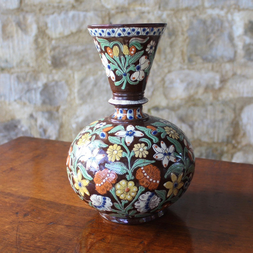 profusely-decorated-pottery-vase-bulbous-form-inverted-conical-shaped-neck-beautifully-decorated-slip-ware-sgraffito-decoration-layers-coloured-slip-flowers-foliage-brown-underglaze-ground-exceptional-condition-ottoman-for-sale-damon-blandford-antiques-stroud-gloucestershire-decorative-arts-interior-design