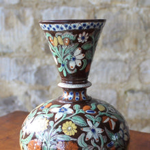 Load image into Gallery viewer, profusely-decorated-pottery-vase-bulbous-form-inverted-conical-shaped-neck-beautifully-decorated-slip-ware-sgraffito-decoration-layers-coloured-slip-flowers-foliage-brown-underglaze-ground-exceptional-condition-ottoman-for-sale-damon-blandford-antiques-stroud-gloucestershire-decorative-arts-interior-design

