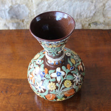 Load image into Gallery viewer, profusely-decorated-pottery-vase-bulbous-form-inverted-conical-shaped-neck-beautifully-decorated-slip-ware-sgraffito-decoration-layers-coloured-slip-flowers-foliage-brown-underglaze-ground-exceptional-condition-ottoman-for-sale-damon-blandford-antiques-stroud-gloucestershire-decorative-arts-interior-design
