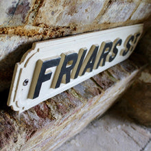 Load image into Gallery viewer, original-cast-iron-street-sign-friars-steet-embossed-lettering-decorative-boarder-early-20th-century-good-undamaged-condition-private-collection-friars-street-hereford-for-sale-damon-blandford-antiques
