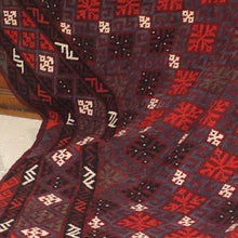Load image into Gallery viewer, good-medium-large-size-vintage-kilim-geometric-design-concentric-boarders-featuring-protective-motifs-red-burgundy-colour-ground-blue-black-green-cream-colour-motifs-striking-carpet-wonderful-traditional-or-contemporary-interior-design-home-decoration-for-sale-damon-blandford-antiques-stroud-gloucestershire-cotswolds
