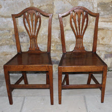 Load image into Gallery viewer, really-attractive-pair-provincial-elm-side-chairs-shield-shape-backs-pierced-splat-square-tapered-legs-hepplewhite-period-chairs-warm-golden-colour-excellent-condition-upturned-top-rail-particularly-unusual-decorative-feature-for-sale-damon-blandford-antiques-seating-stroud-gloucestershire-cotswolds-country-hous-interior-design-decorators

