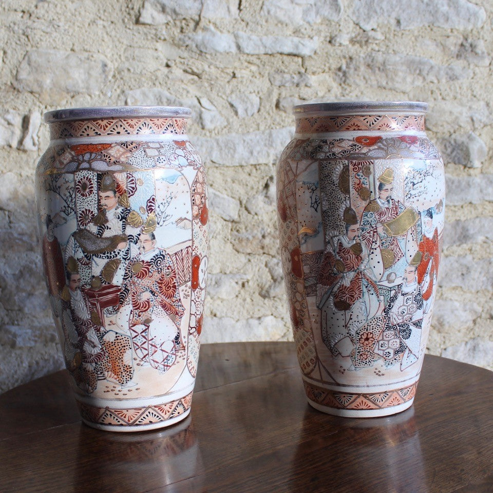 pair-meiji-period-japanese-satsumas-vases-export-market-fourth-quarter-19th-century-profusely-decorated-japanese-scenes-groups-ladies-noblemen-traditional-predominantly-painted-iron-red-cream-ground-gilding-finer-black-details-excellent-condition-minor-surface-wear-consistent-with-age-decorative-home-interior-design-damon-blandford-antiques-stroud-gloucestershire-cotswolds-for-sale