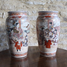 Load image into Gallery viewer, pair-meiji-period-japanese-satsumas-vases-export-market-fourth-quarter-19th-century-profusely-decorated-japanese-scenes-groups-ladies-noblemen-traditional-predominantly-painted-iron-red-cream-ground-gilding-finer-black-details-excellent-condition-minor-surface-wear-consistent-with-age-decorative-home-interior-design-damon-blandford-antiques-stroud-gloucestershire-cotswolds-for-sale
