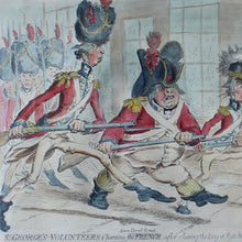 Load image into Gallery viewer, satirical-etching-st-george&#39;s-volunteers-established-in-response-growing-threat-french-invasion-etching-pictures-three-dishevelled-men-fixed-bayonets-charging-french-ladies-fleeing-in-terror-satire-continues-st-george&#39;s-volunteers-charging-down-bond-street-after-clearing-the-ring-in-hyde-park-&amp;-storming-the-dunghill-at-marybone-original-published-1797-good-colour-excellent-condition-gilt-frame-green-mount-the-life-of-william-corbett-for-sale-damon-blandford-antiques-stroud-gloucestershire-wall-art

