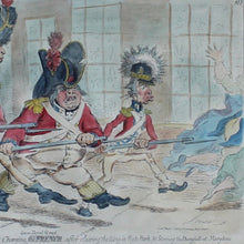 Load image into Gallery viewer, satirical-etching-st-george&#39;s-volunteers-established-in-response-growing-threat-french-invasion-etching-pictures-three-dishevelled-men-fixed-bayonets-charging-french-ladies-fleeing-in-terror-satire-continues-st-george&#39;s-volunteers-charging-down-bond-street-after-clearing-the-ring-in-hyde-park-&amp;-storming-the-dunghill-at-marybone-original-published-1797-good-colour-excellent-condition-gilt-frame-green-mount-the-life-of-william-corbett-for-sale-damon-blandford-antiques-stroud-gloucestershire-wall-art

