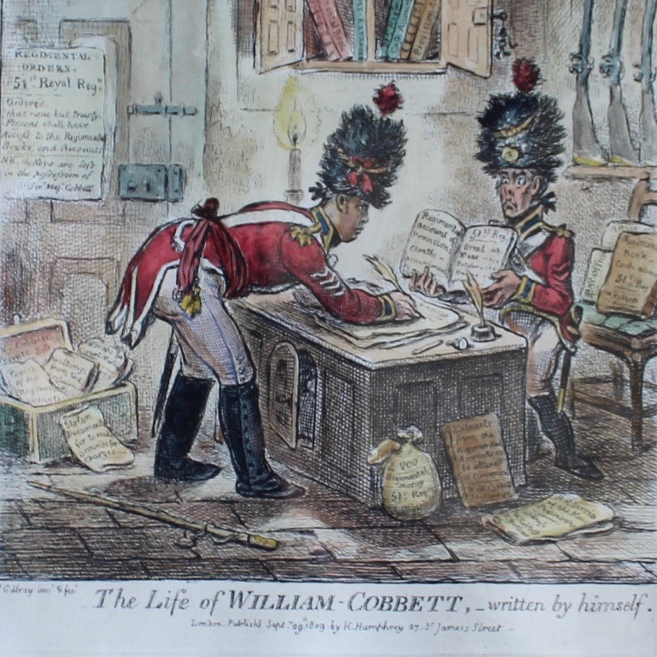 james-gillray- pre-eminent-ritish-caricaturist-printmaker-political-social-satires-hand-coloured-print-the-life-of-william-corbett-original-hand-coloured-etching-published-by-h-humphrey-september-1809-good-colour-excellent-condition-gilt-frame-green-mount-for-sale-damon-blandford-antiques-wall-art-stroud-gloucestershire